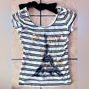 Paris Eiffel Tower Graphic black & white striped short sleeved top Back Tie.